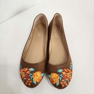 The Pioneer Woman Brown Floral Embroidered Ballet Flats US 10M EUC